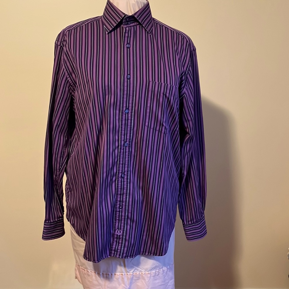 Bugatchi Uomo Large Purple Striped Mens Long Sleeve Dress Shirt size L
